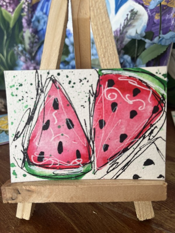 ACEO Original Fruit Art Watermelon Food Painting Watercolor Nicole Tiffany Art
