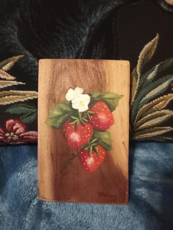 Small hand painted strawberrys on wood board,signed