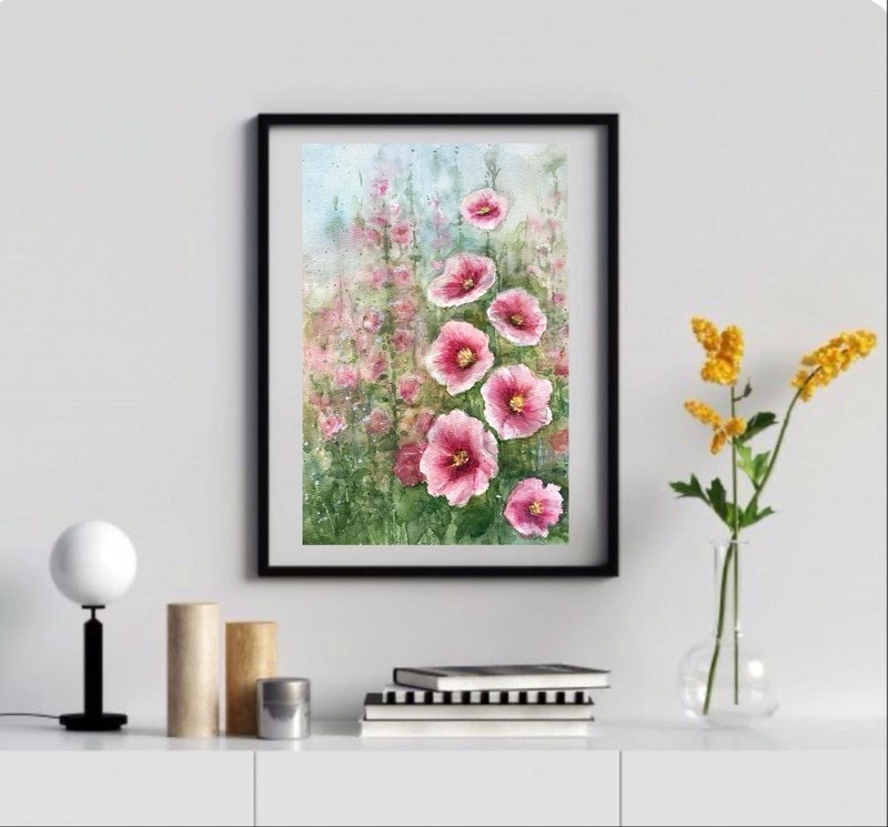 Original brand new watercolor still life ”Hollyhock” $55 art