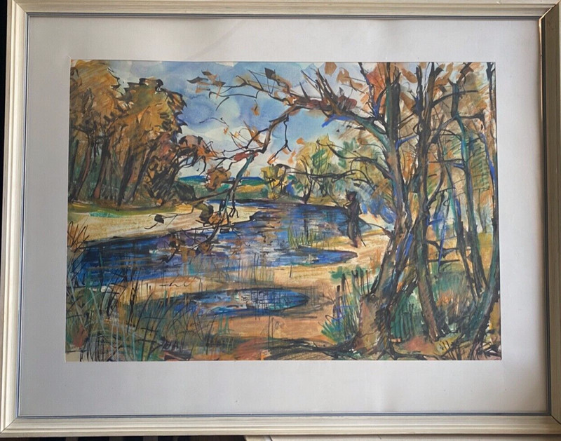 ::WATERCOLOUR MIXED MEDIA AUTUMN RIVER LANDSCAPE IN THE FOREST 1950s