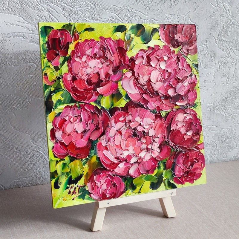 original oil painting Red Peony Garden Flowers Impasto Floral wall art 8*8 in gallery