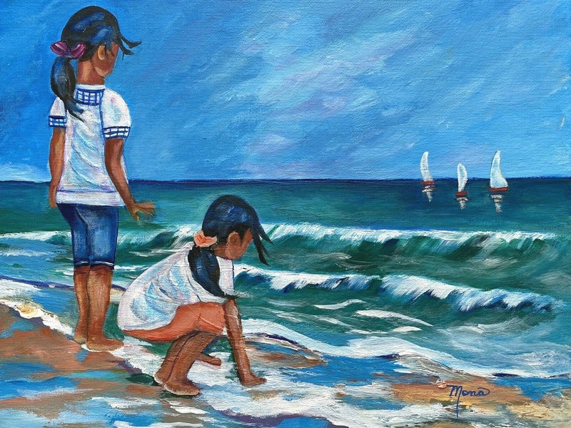 LITTLE GIRLS AT THE BEACH, OCEAN SAILBOATS Acrylic Painting, 11″ X 14″,