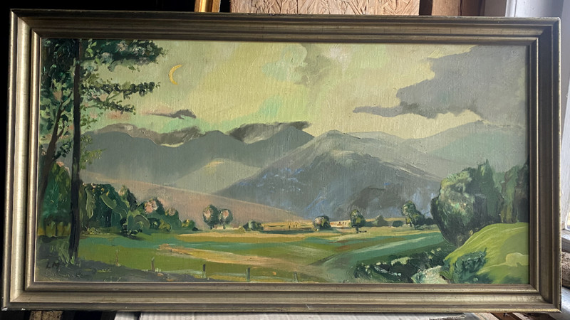 ::OIL PAINTING LANDSCAPE MOUNTAINS SCHLESINGER VALLEY OR SIMILAR SIGNED TREES MEADOW SKY OIL