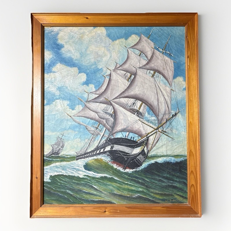 Antique 1890–1930 H.C. Anderson Oil Painting Tall Ship • Maritime Seascape Art