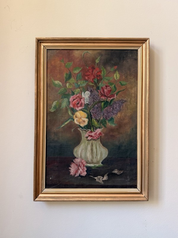 Antique American Floral Still Life Oil Painting Roses Lilacs Carnations