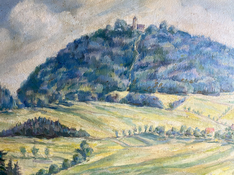 ::OIL PAINTING LANDSCAPE CASTLE CASTLE WHO KNOWS THE PLACE? SIGNED FRAME 1948 gallery