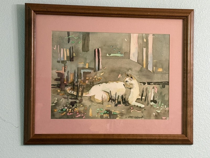VTG Painting J Wood Hallmark Watercolor Abstract Cat 17x21 Signed Matted Framed