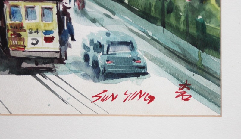 YING SUN-Chinese/CA Impressionist-Original Signed WC-Old San Francisco Street gallery