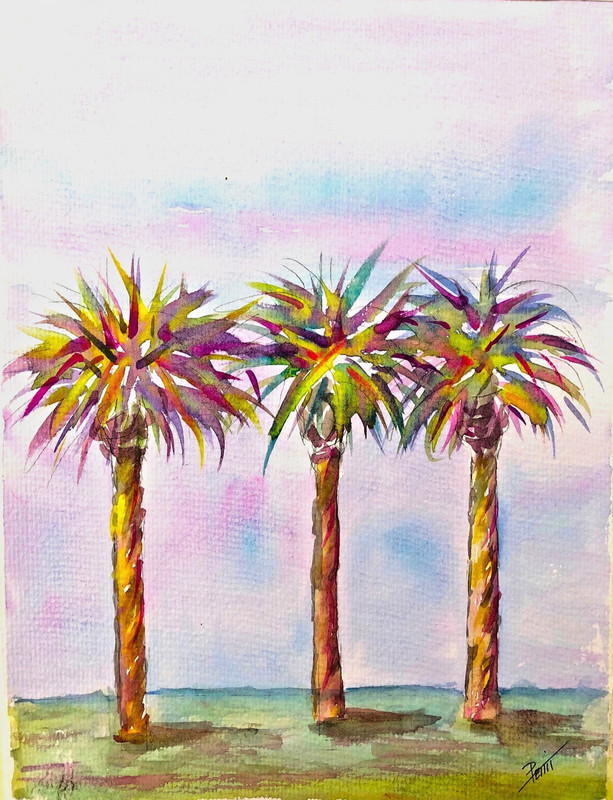Colorful Tropical Abstract Landscape Palm Trees Original Watercolor Art 9″x12″