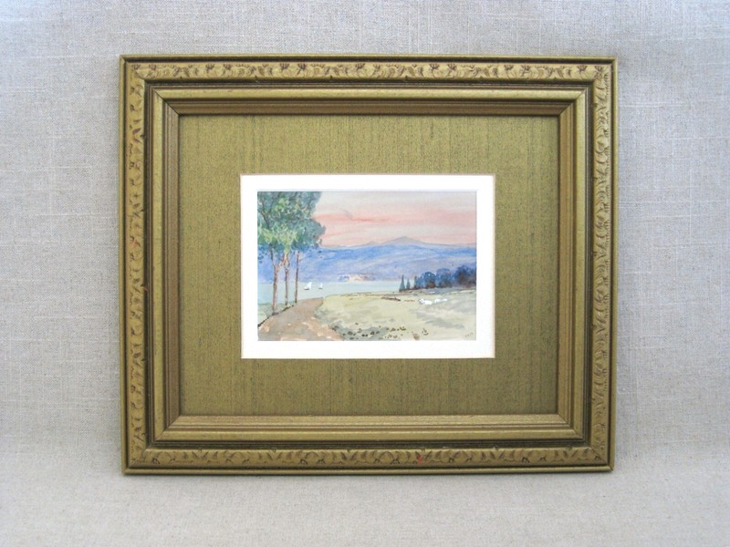 River Landscape Painting, Original Vintage Watercolor, Framed European