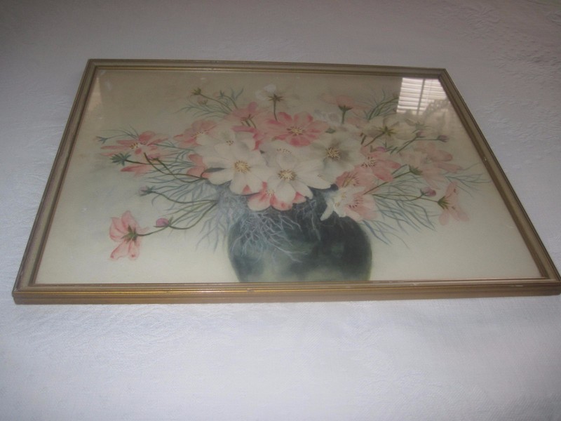 VINTAGE FRAMED FLORAL WATERCOLOR PAINTING-17×14″ w/FRAME-JORDAN MARSH FRAMED
