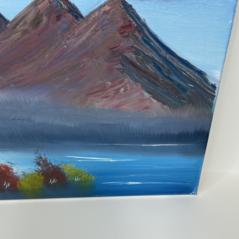 Oil on Canvas Painting Signed Student Art 16 x 20 Mountains Behind Wooded Lake gallery