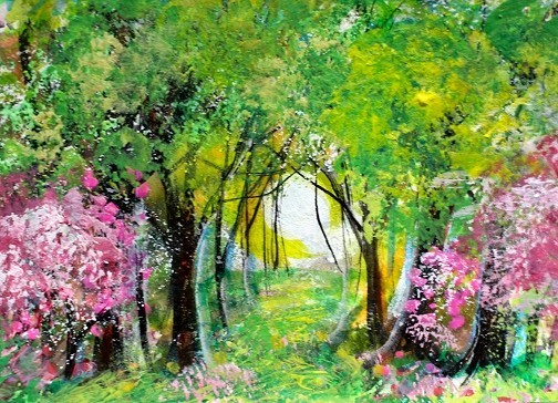 ACEO Original PAINTING Spring TREES Pink Flowers Sun Nature Landscape ATC ART