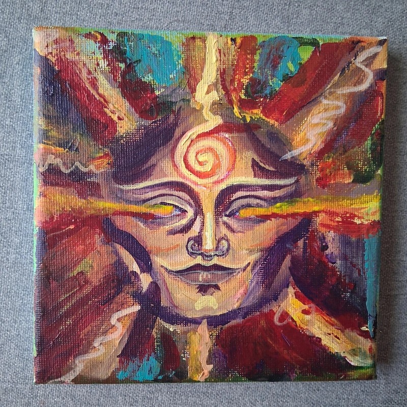 Original Acrylic Painting, Boho Healing Sun Face Portrait Glowing Rays
