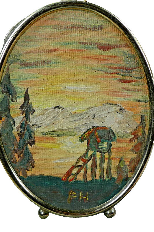 Lookout MOUNTAIN Fire Tower Painting COLORFUL Sunset Sunrise 4″ Oval Easel Frame