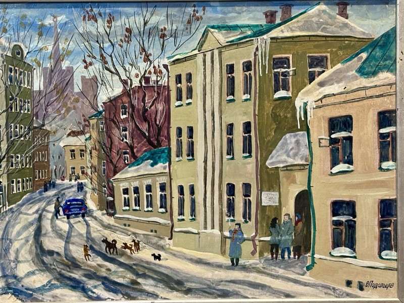 Original Landscape Russian Winter Street Scene Oil Painting Signed Framed