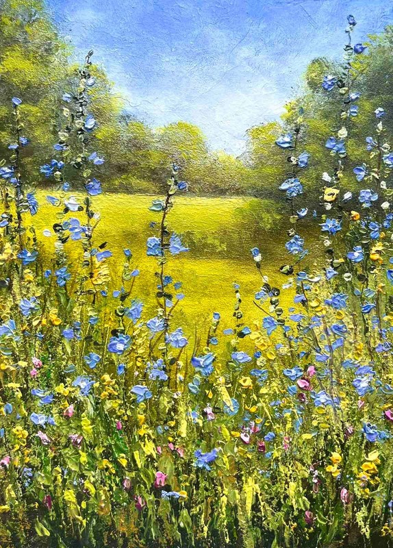 Summer ORIGINAL OIL PAINTING Landscape Meadow Wildflowers Wall Art 5 x 7 in