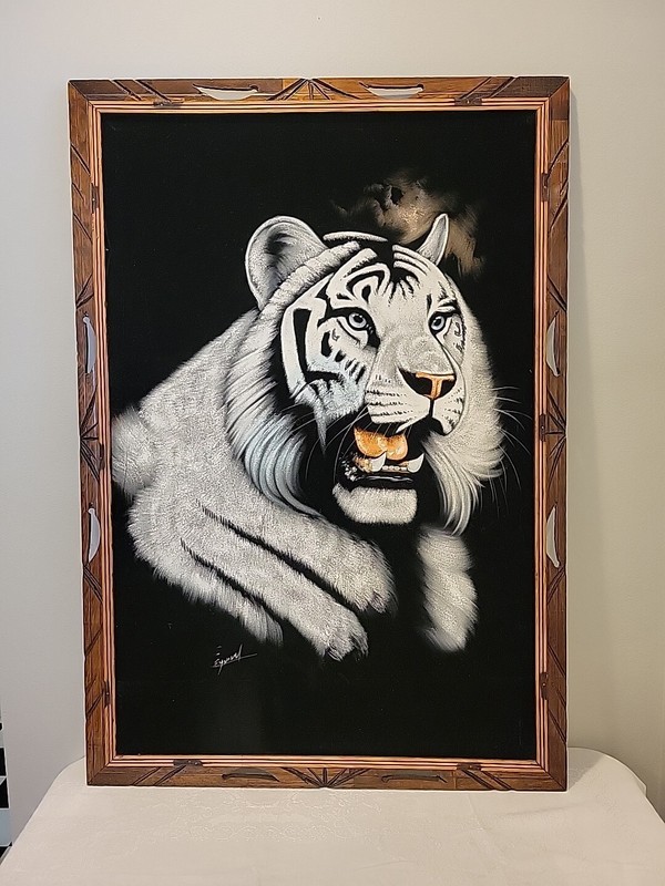 Vintage Black Velvet Painting 1970s White Tiger 27×39 Original Signed Art