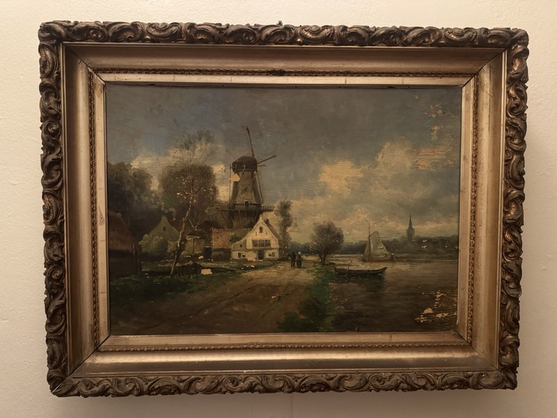 Antique OLD European Windmill Landscape Oil Painting – Dutch Canal Scene