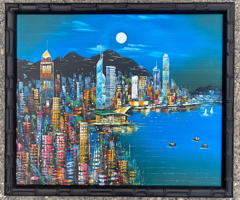 Street Art Original Painting of Hong Kong Harbor Victoria Harbour Oil Canvas 25”