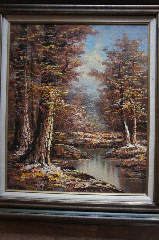 Original signed EMERY LAVELLE (?) Frame Oil Painting on Burlap Landscape 20"x24" gallery