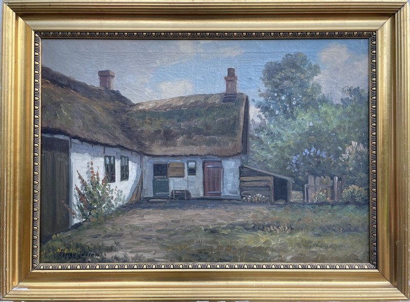 Impressionist Aage Jessen 1876-1961 Farmhouse Garden Hollyhock Oil Antique