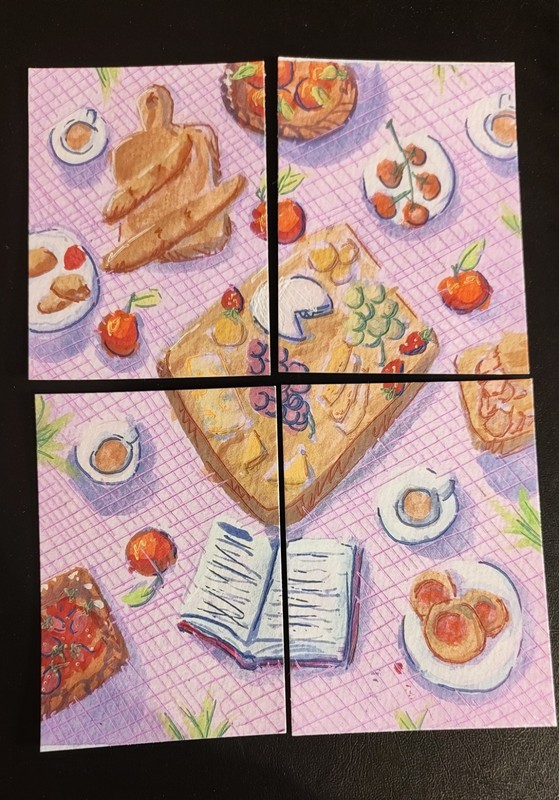 ACEO: Original Gouache Painting (6.4 x 8.9 cm): Pink Picnic 2/4 by Lenahui gallery