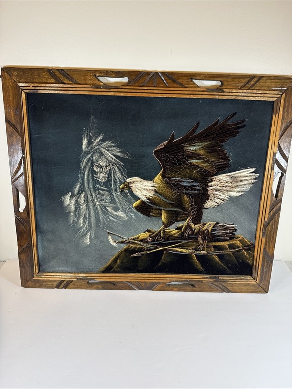 Vintage Black Velvet Painting Native American & Bald Eagle In Wood Frame