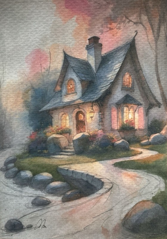 Original Watercolor Painting Cottages Size (5×7 inches)