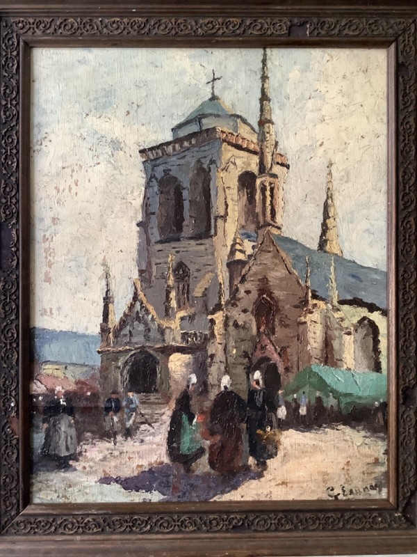 ANTIQUE IMPRESSIONISM BRETON WOMEN IN FRONT OF THE CHURCH FRENCH OIL PAINTING gallery