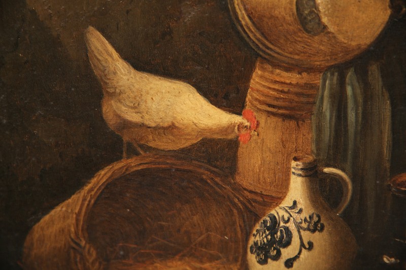 Late 19th Century Signed Farm Still-Life Oil Painting, 1880 "Chickens in a Barn" gallery
