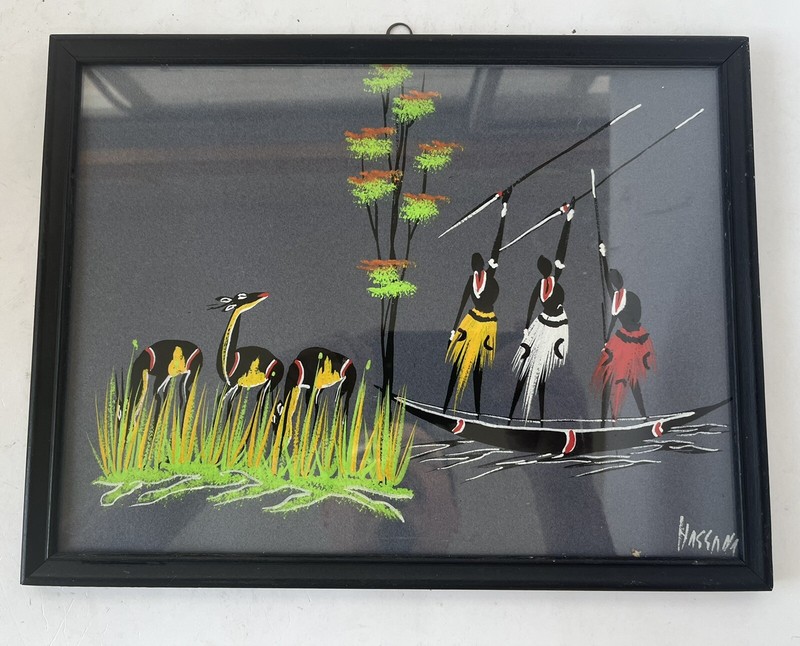 Vintage African Folk Art Painting Tribal Hunting Scene Boat Landscape