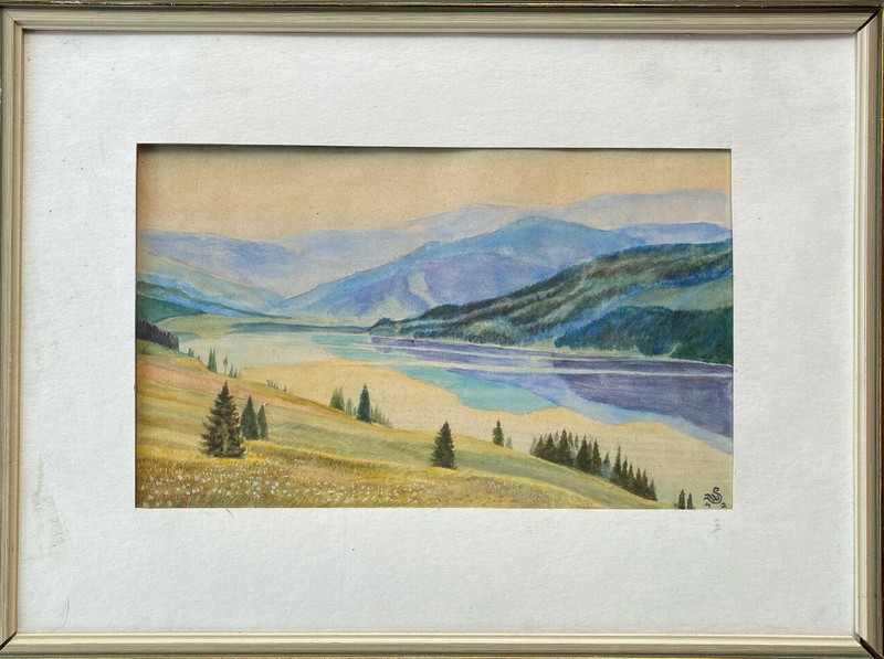 Watercolor Monogr. SW 1942 Mountain Lake in the Austrian Alps Country Style