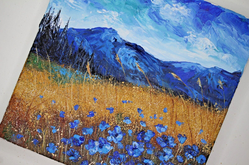 Original Acrylic Painting on Canvas Landscape of Mountain Flowers Wall Decor gallery