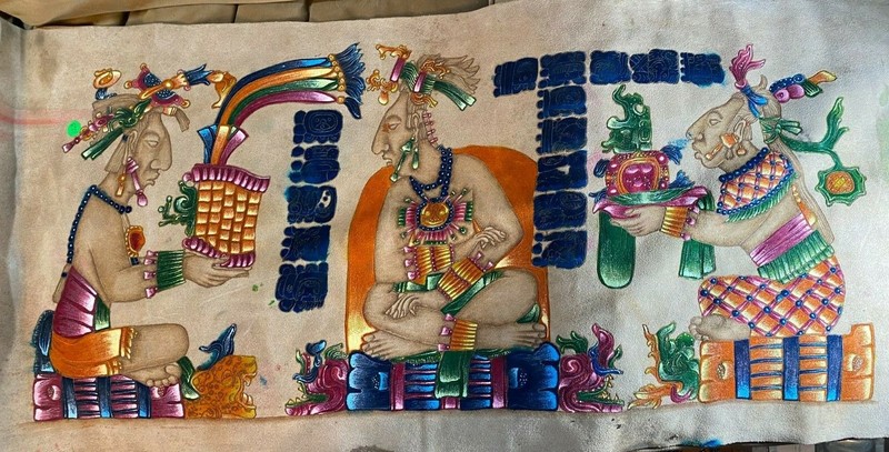 Large Mayan «Tablero Del Palacio – Pakal…..» Pyrography on Leather Painting