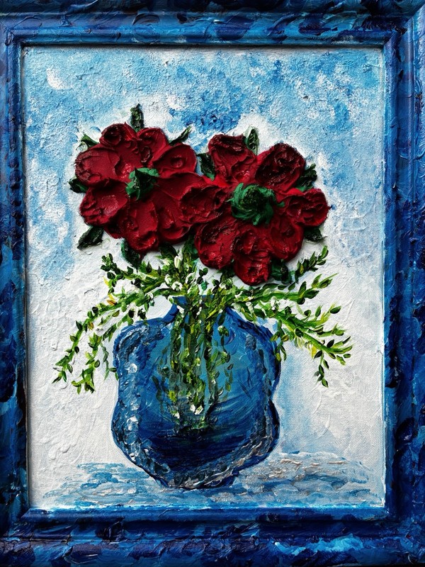 Original Acrylic Upcycled Painting Whimsical Wall Decor Textured Art Blue Home