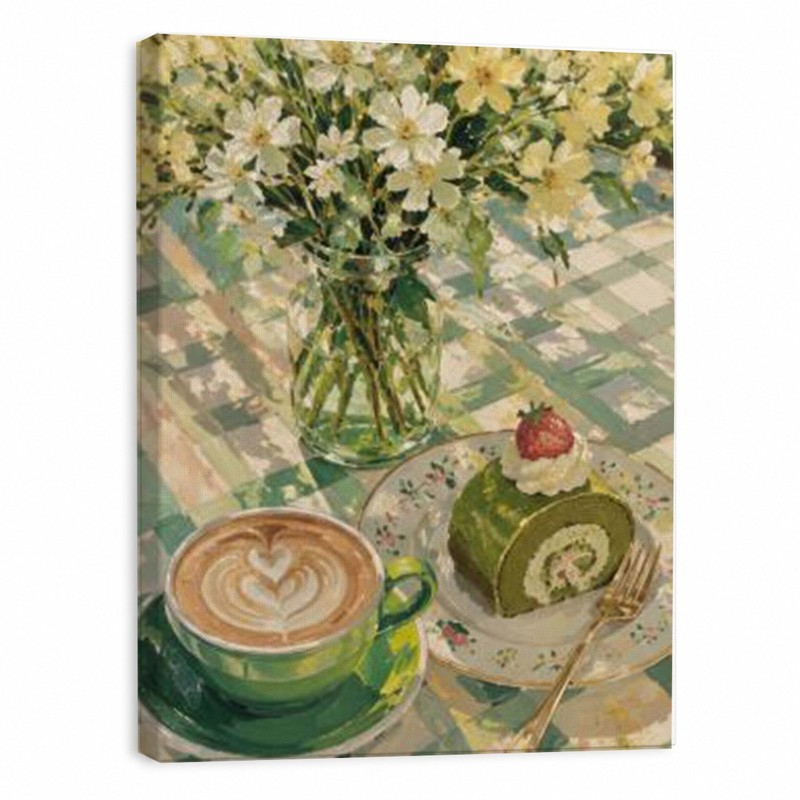 Coffee and Cake Canvas Wall Art Matcha Roll Print Cafe Kitchen Decor Floral