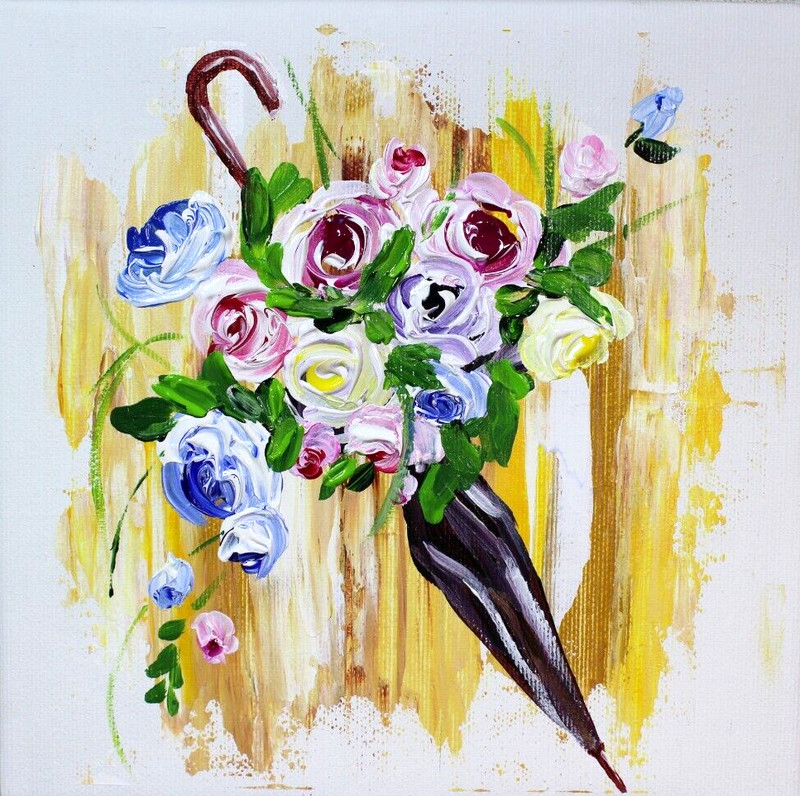 Original Acrylic Painting on Canvas Umbrella with Flowers Wall Decor