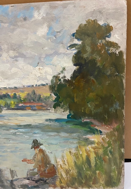 vintage oil on card board man fishing in imptessionist gallery