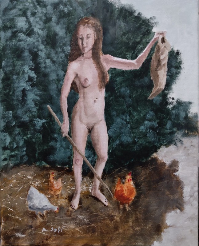 Oil Painting Nude Female Figure Woman Hens Chickens Farm Landscape Art ft Piekny
