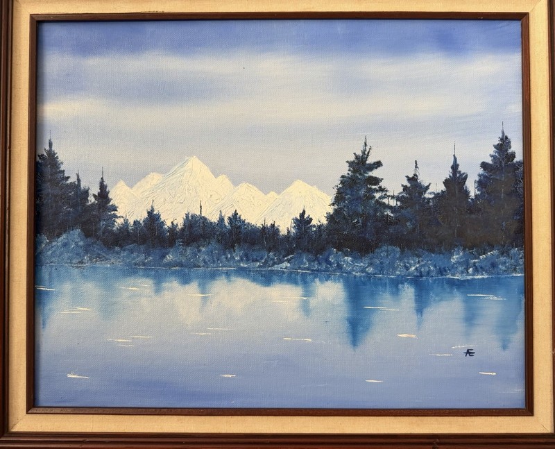Vintage ORIGINAL Blue Mountains SIGNED Large Lake Landscape FRAMED gallery