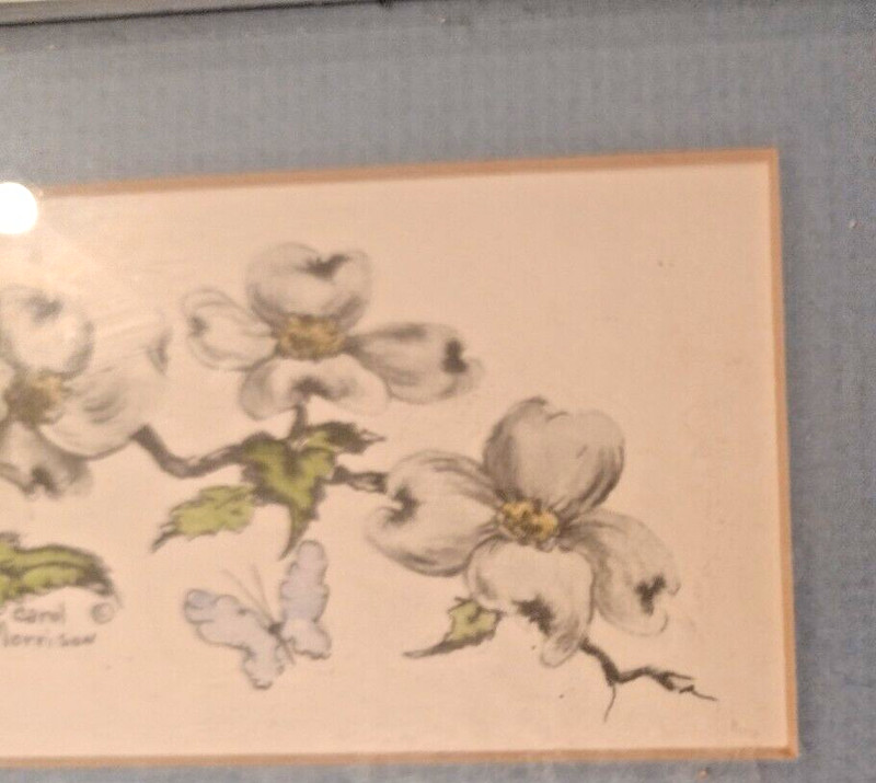 VTG Carol Morrison Watercolor Framed Matted Butterfly Blue White Flowers SM Read gallery