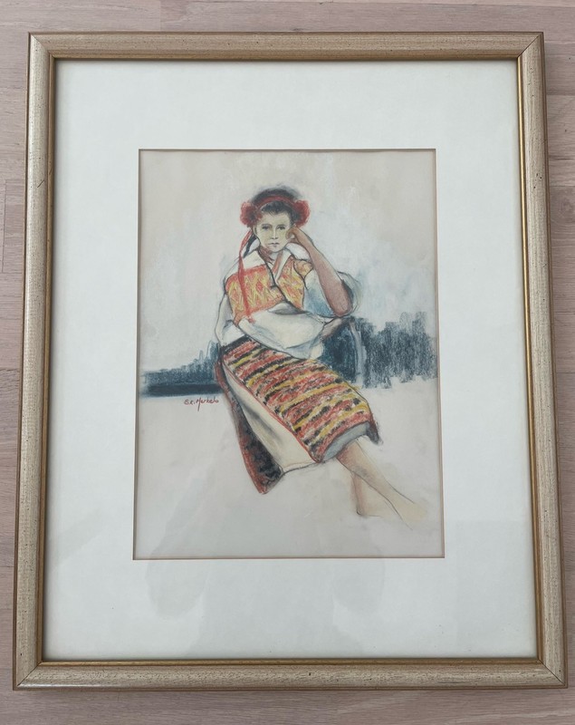 Original Panting Portrait Ukranian Woman in Folk Costume Pastel Pencil Signed