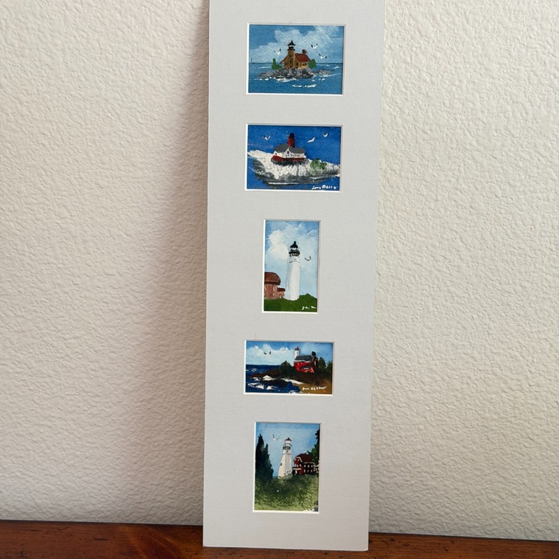 Original Mini Watercolor Lighthouse Paintings Set of 5 Framed Coastal Art 19x6 gallery