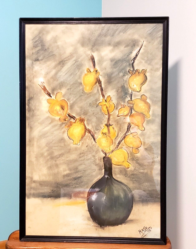 Vintage 1959 Floral Still Life Original Pastel on Paper Signed and Framed 33x21
