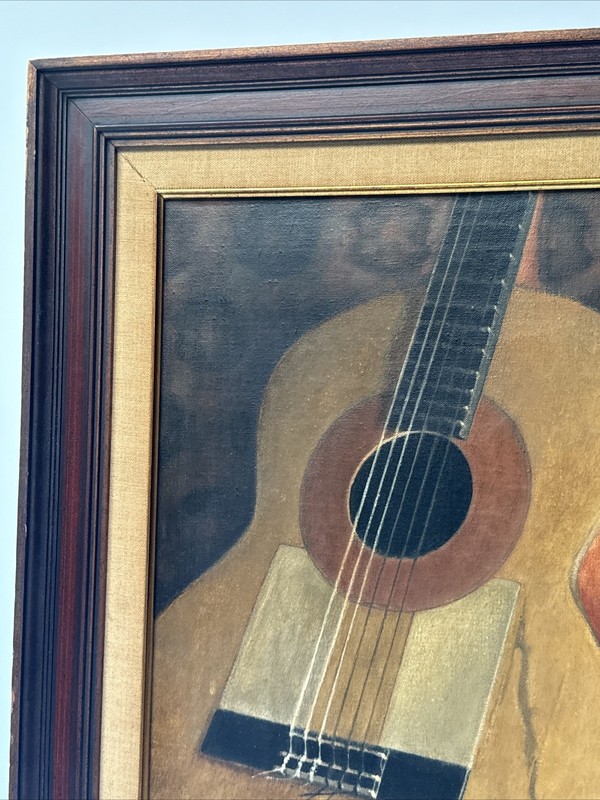 VINTAGE PAINTING MUSIC MUSICIAN STILL LIFE 1960'S EVERETT JENSEN OIL GUITAR 24" gallery