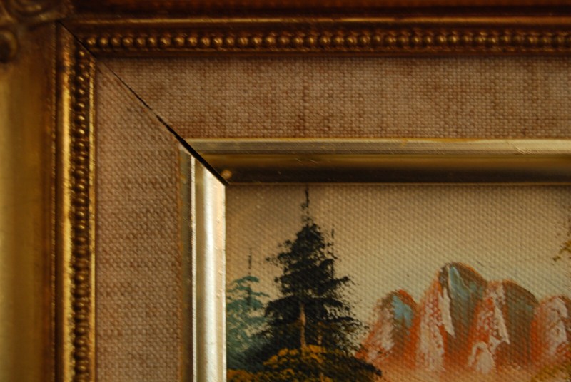 MINIATURE VINTAGE 70S FRAMED ORIGINAL OIL MOUNTAIN FOREST & LAKE LANDSCAPE SCENE gallery