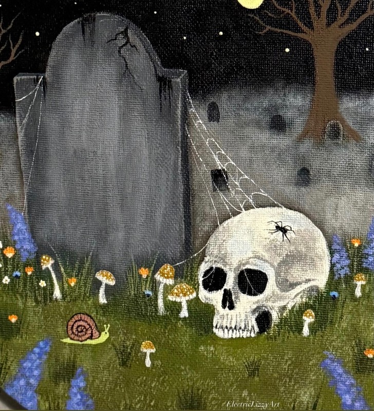 Original Acrylic Painting, Cemetery Skull, 10x10inch Canvas gallery
