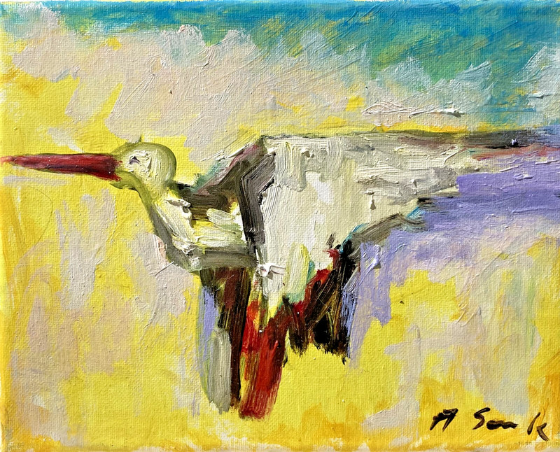 Stork Flying Birds Landscape Oil Painting Canvas Collectable Semberecki 8*10