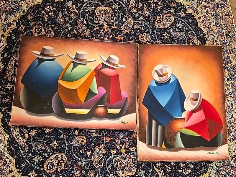Pair Latin American Andean Folk Art Paintings Signed Morales Poncho Figure 16×12